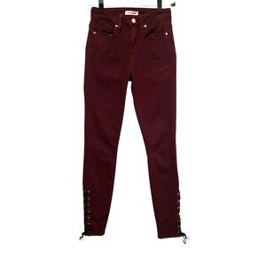 Good American Maroon Jeans with Lace-up at Ankles size 24 Stretchy Skinny